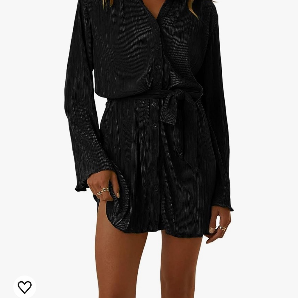 Women’s collar vneck button down pleated long sleeve mini shirt dress with belt